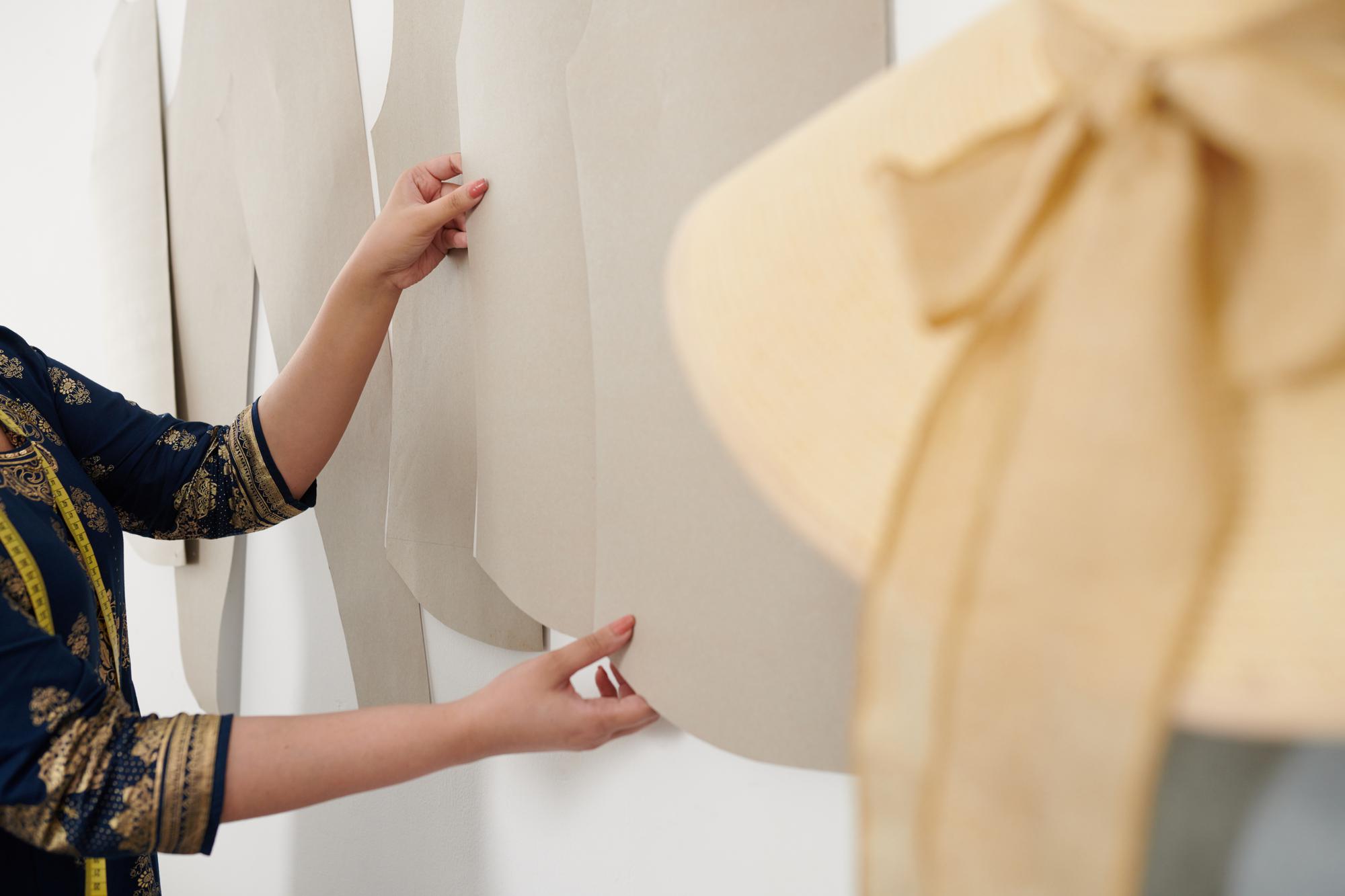 atelier entrance and display with embroidered samples
